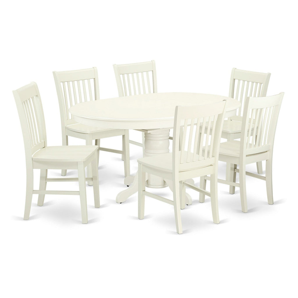 East West Furniture AVNO7-LWH-W 7 Piece Dining Set Consist of an Oval Dining Table with Butterfly Leaf and 6 Kitchen Chairs, 42x60 Inch, Linen White