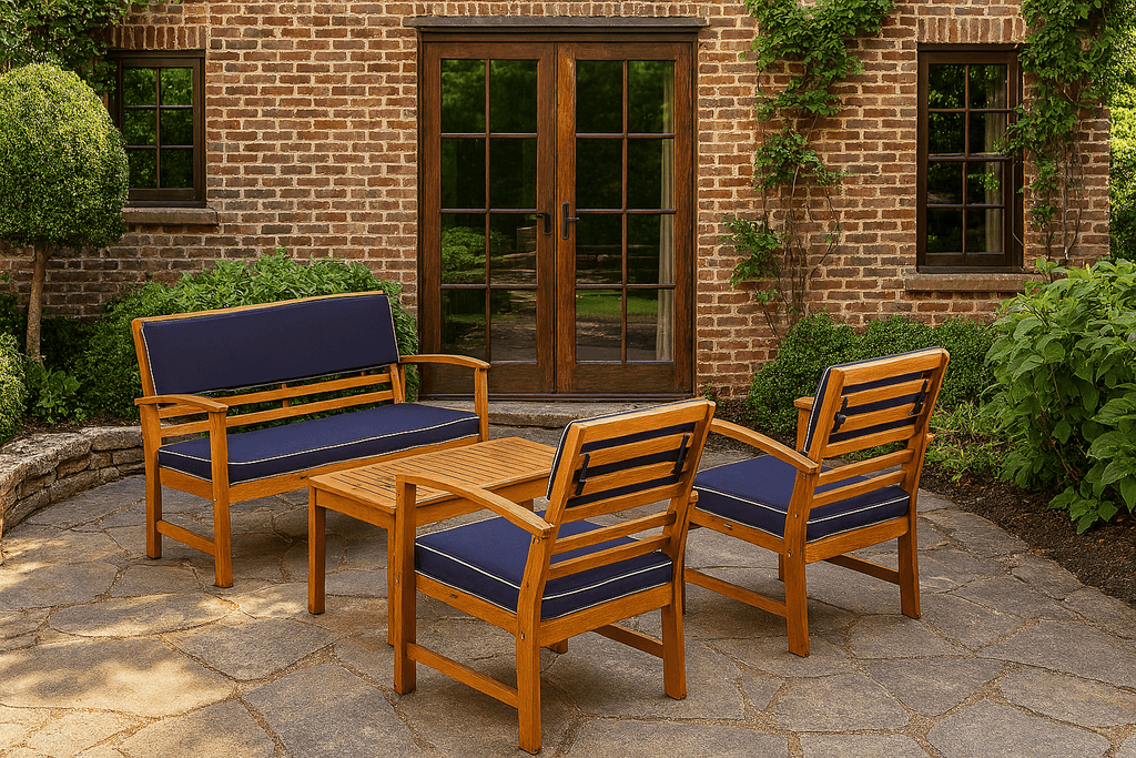East West Furniture BCOSSNA 4 Piece Patio Bistro Sofa Set includes a Rectangle Outdoor Acacia Wood Bistro Table and All Weather Cushions, 19x38 Inch, Natural Oil