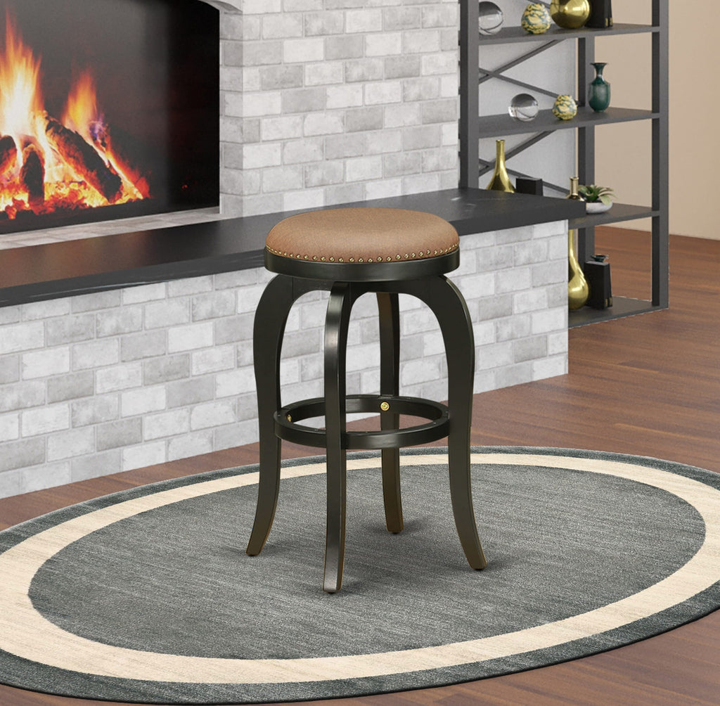 East West Furniture SB030-28677 Bedford Counter Height Barstool - Round Shape Brown Roast PU Leather Upholstered Pub Height Backless Chairs