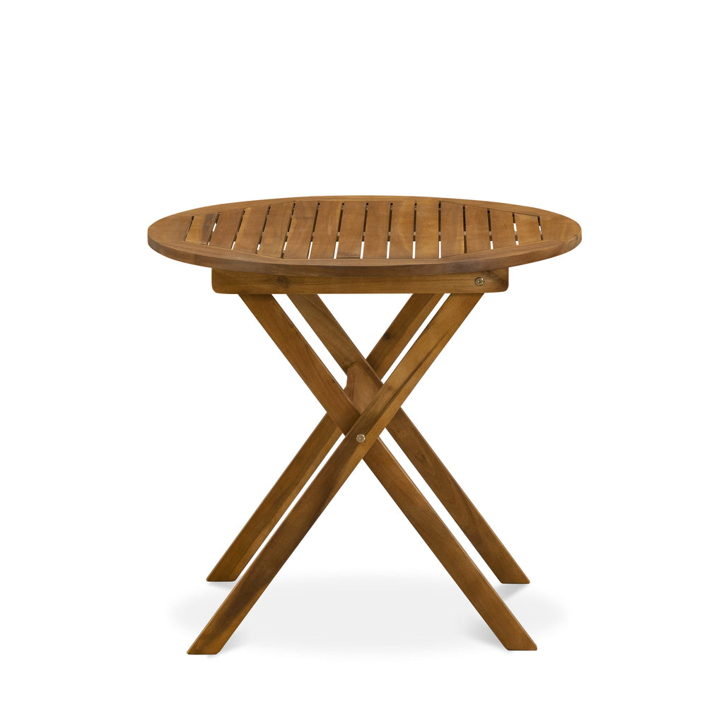 East West Furniture BMNTDNA Marion Round Table made of Acacia wood in Natural Oil finish