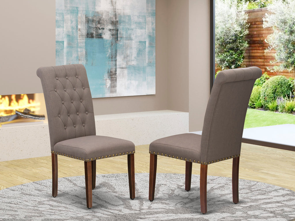 East West Furniture BRP3T18 Bremond Parson Kitchen Chairs - Button Tufted Nailhead Trim Brown Linen Linen Fabric Padded Dining Chairs