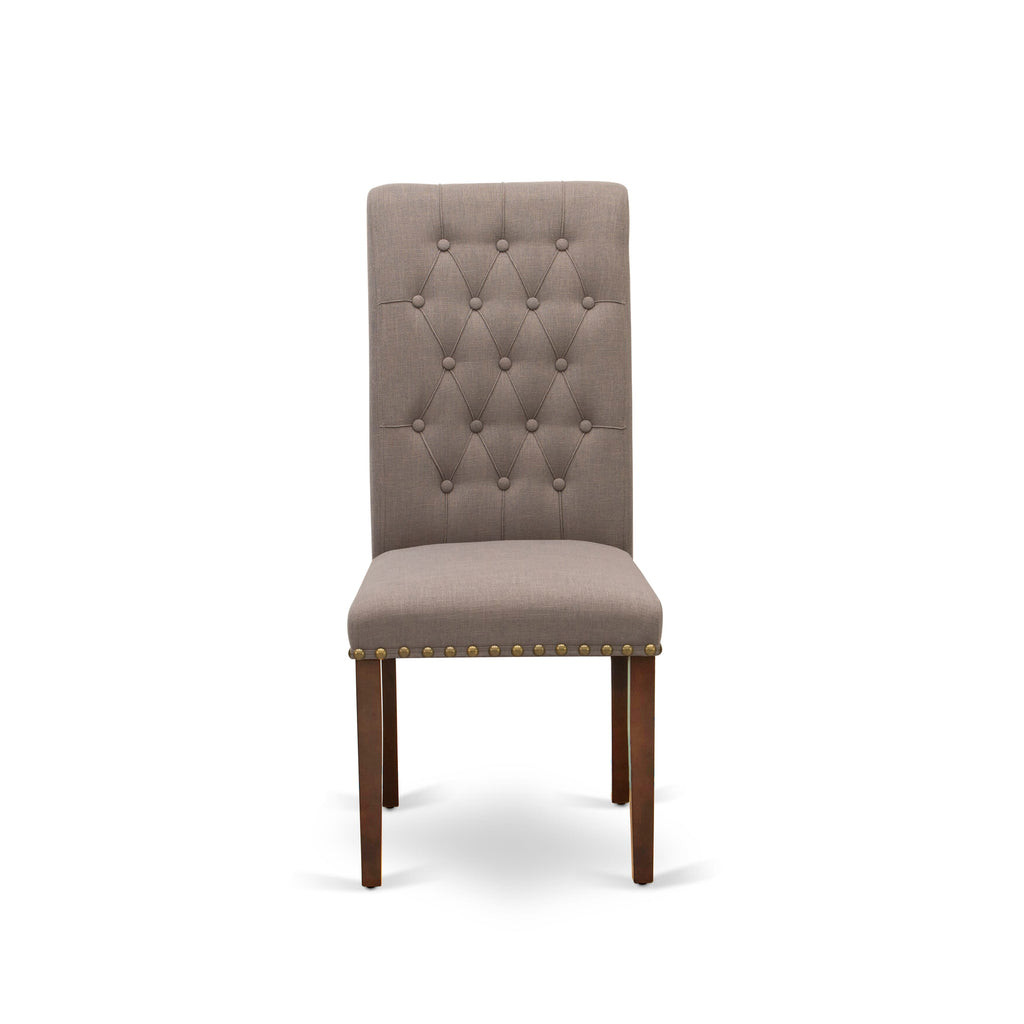 East West Furniture BRP3T18 Bremond Parson Kitchen Chairs - Button Tufted Nailhead Trim Brown Linen Linen Fabric Padded Dining Chairs