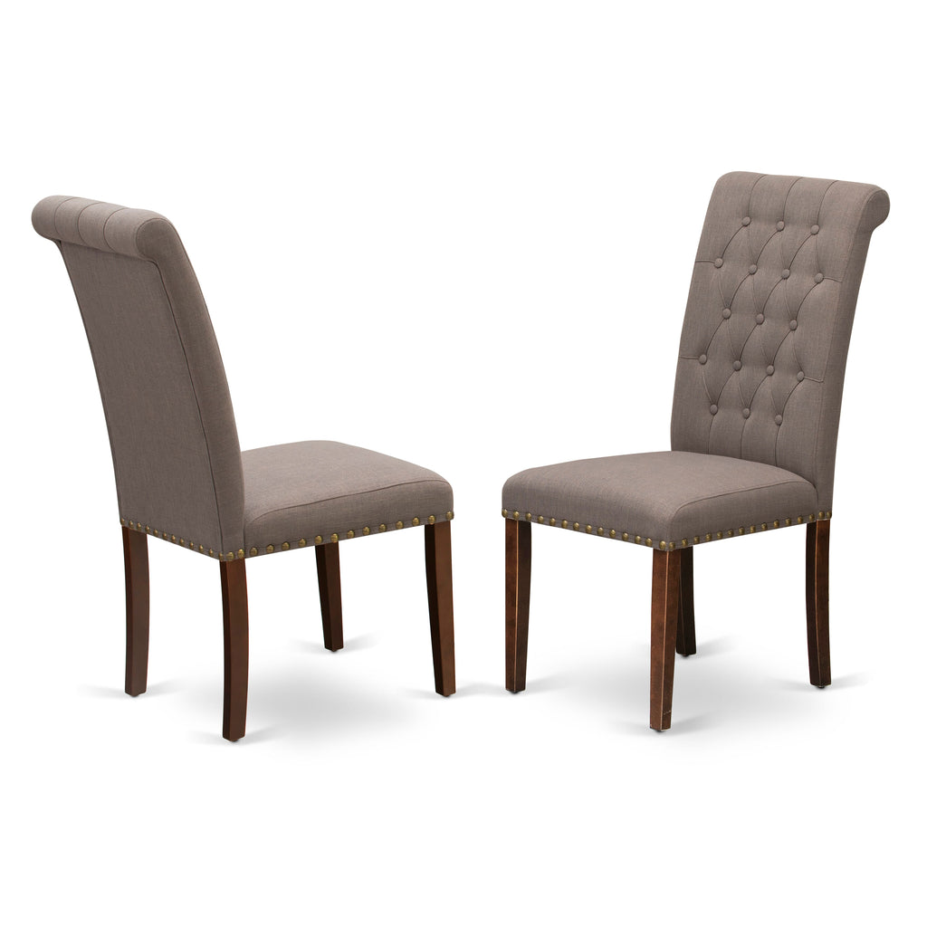 East West Furniture BRP3T18 Bremond Parson Kitchen Chairs - Button Tufted Nailhead Trim Brown Linen Linen Fabric Padded Dining Chairs