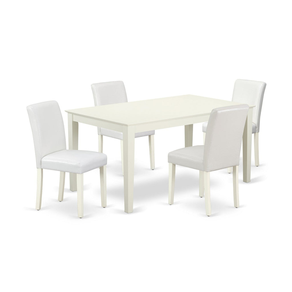 East West Furniture CAAB5-LWH-64 5 Piece Dining Room Furniture Set Includes a Rectangle Dining Table and 4 White Faux Leather Upholstered Parson Chairs, 36x60 Inch, Linen White