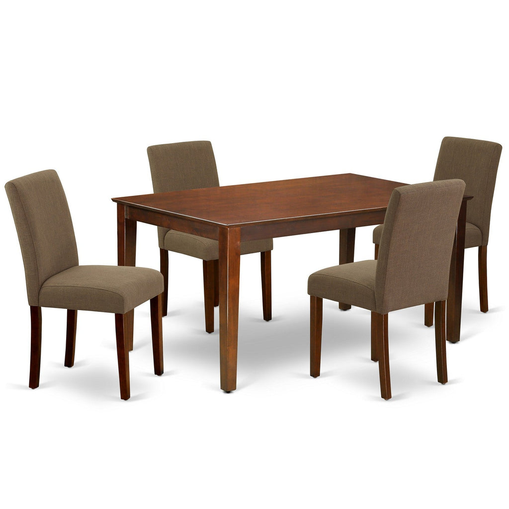 East West Furniture CAAB5-MAH-18 5 Piece Modern Dining Table Set Includes a Rectangle Wooden Table and 4 Coffee Linen Fabric Upholstered Parson Chairs, 36x60 Inch, Mahogany