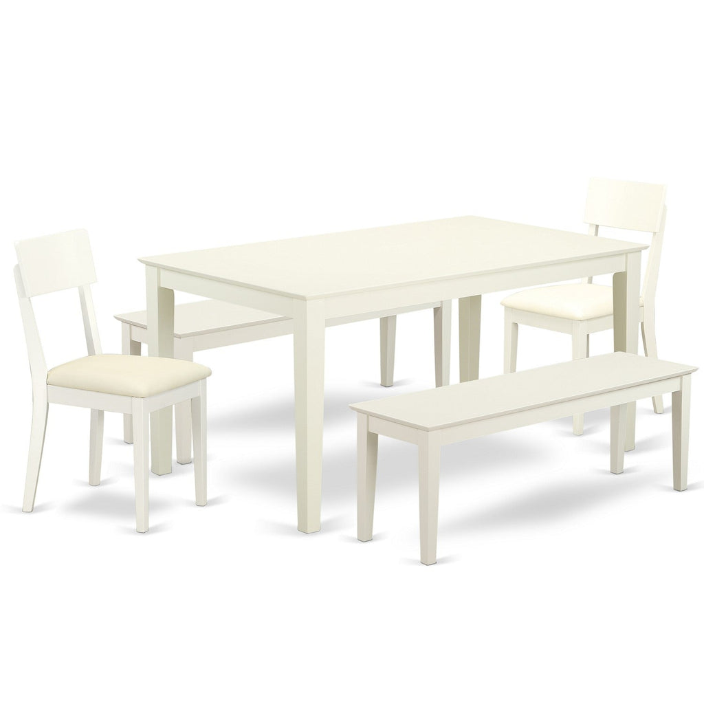 East West Furniture CAAD5C-LWH-LC 5 Piece Kitchen Table Set for 4 Includes a Rectangle Dining Room Table and 2 Faux Leather Dining Chairs with 2 Benches, 36x60 Inch, Linen White