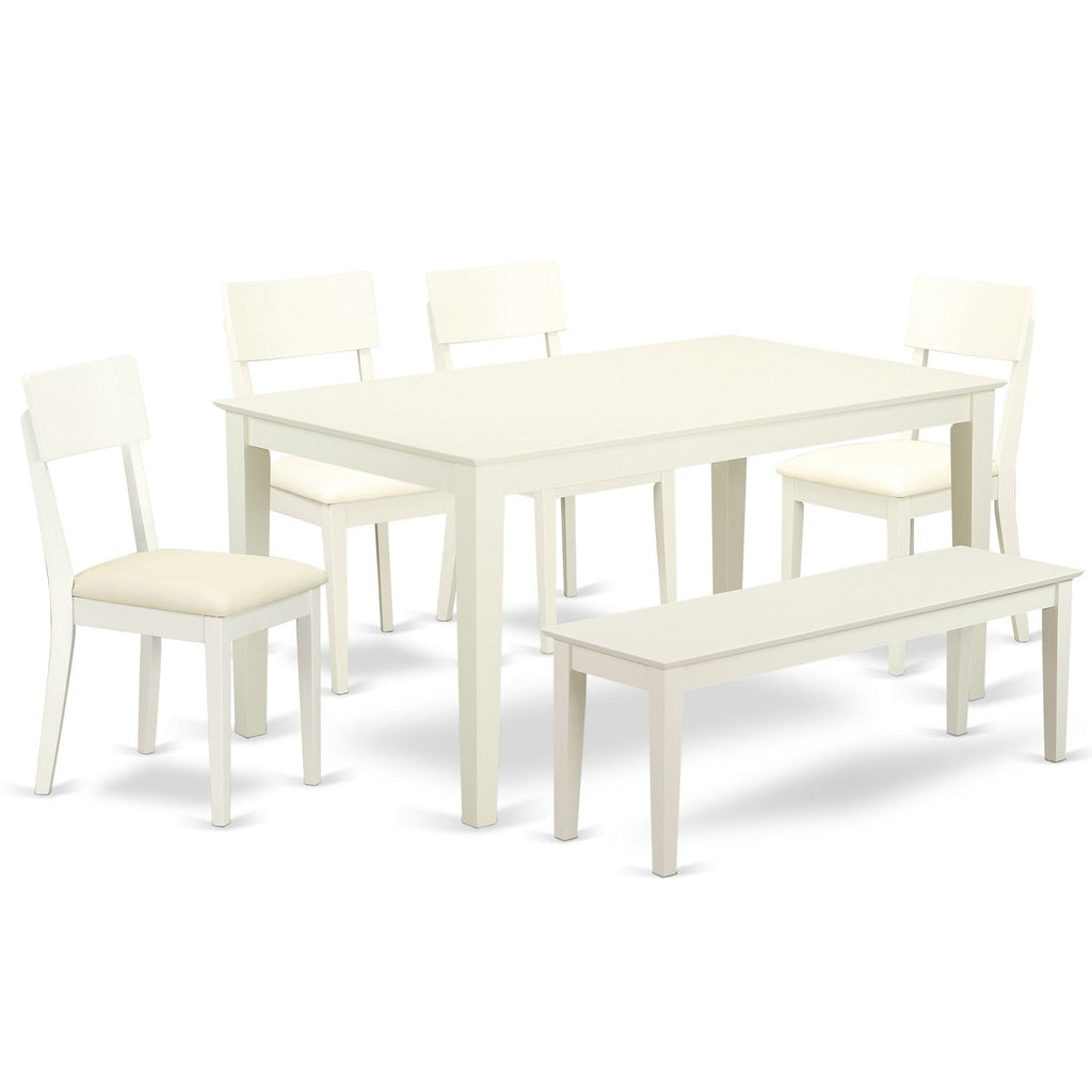 East West Furniture CAAD6-LWH-LC 6 Piece Dining Table Set Contains a Rectangle Dining Room Table and 4 Faux Leather Upholstered Chairs with a Bench, 36x60 Inch, Linen White