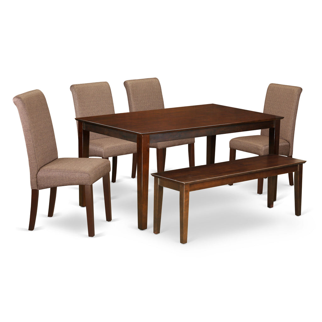 East West Furniture CABA6-MAH-18 6 Piece Dining Set Contains a Rectangle Dining Room Table and 4 Brown Linen Linen Fabric Parson Chairs with a Bench, 36x60 Inch, Mahogany