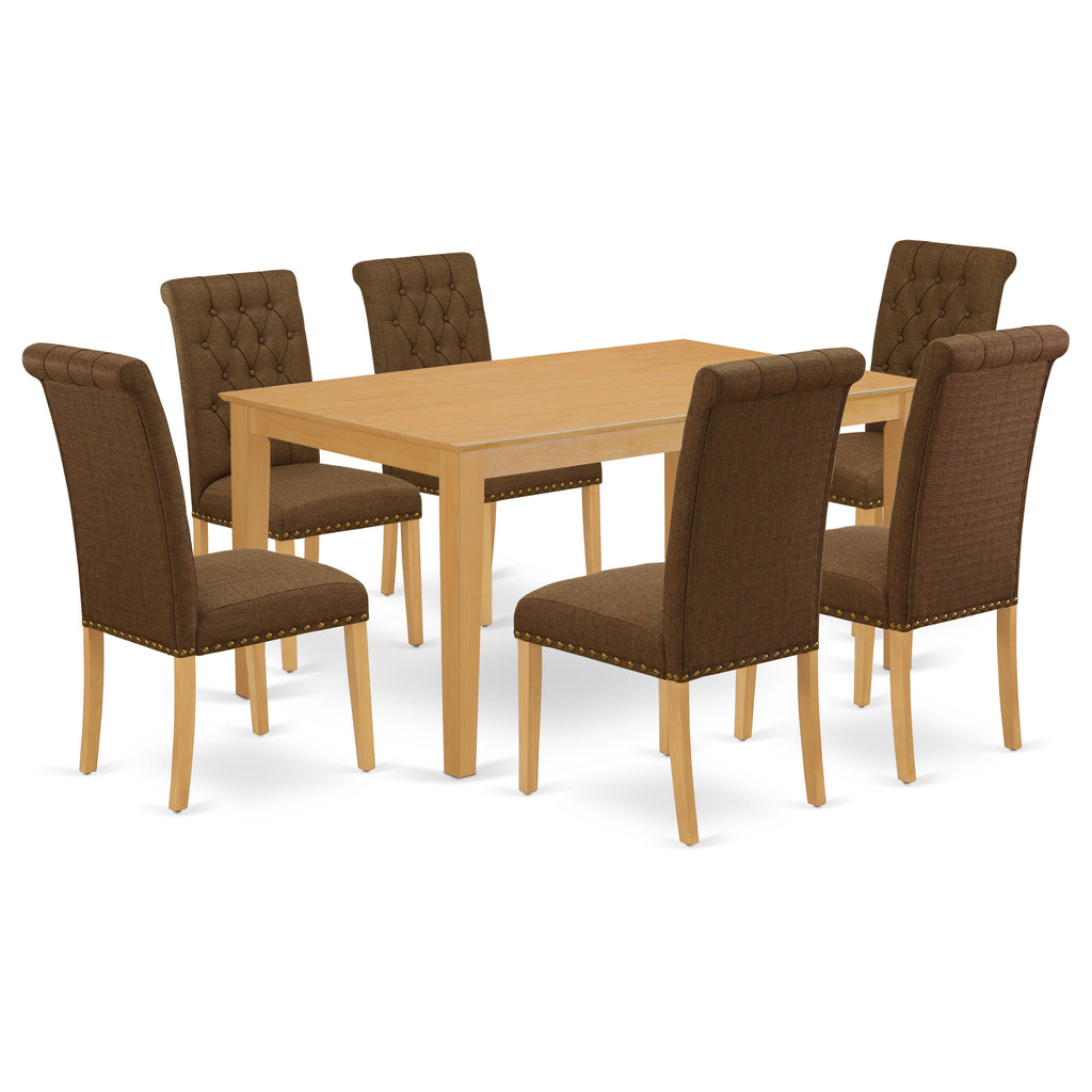 East West Furniture CABR7-OAK-18 7 Piece Dining Room Table Set Consist of a Rectangle Kitchen Table and 6 Brown Linen Linen Fabric Parson Dining Chairs, 36x60 Inch, Oak