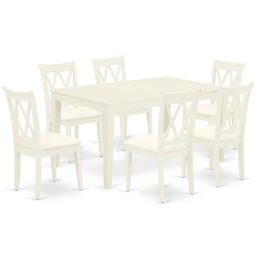 East West Furniture CACL7-LWH-C 7 Piece Kitchen Table & Chairs Set Consist of a Rectangle Dining Room Table and 6 Linen Fabric Upholstered Dining Chairs, 36x60 Inch, Linen White