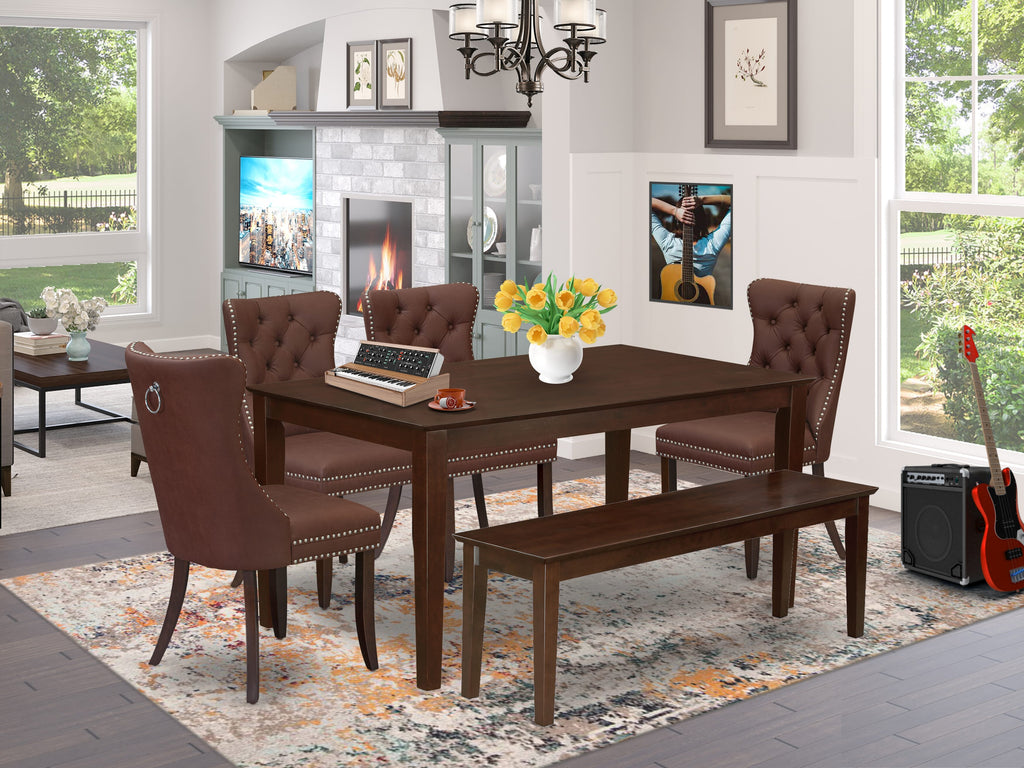 East West Furniture CADA6-MAH-26 6 Piece Dining Room Set Consists of a Rectangle Solid Wood Table and 4 Upholstered Chairs with a Bench, 36x60 Inch, Mahogany