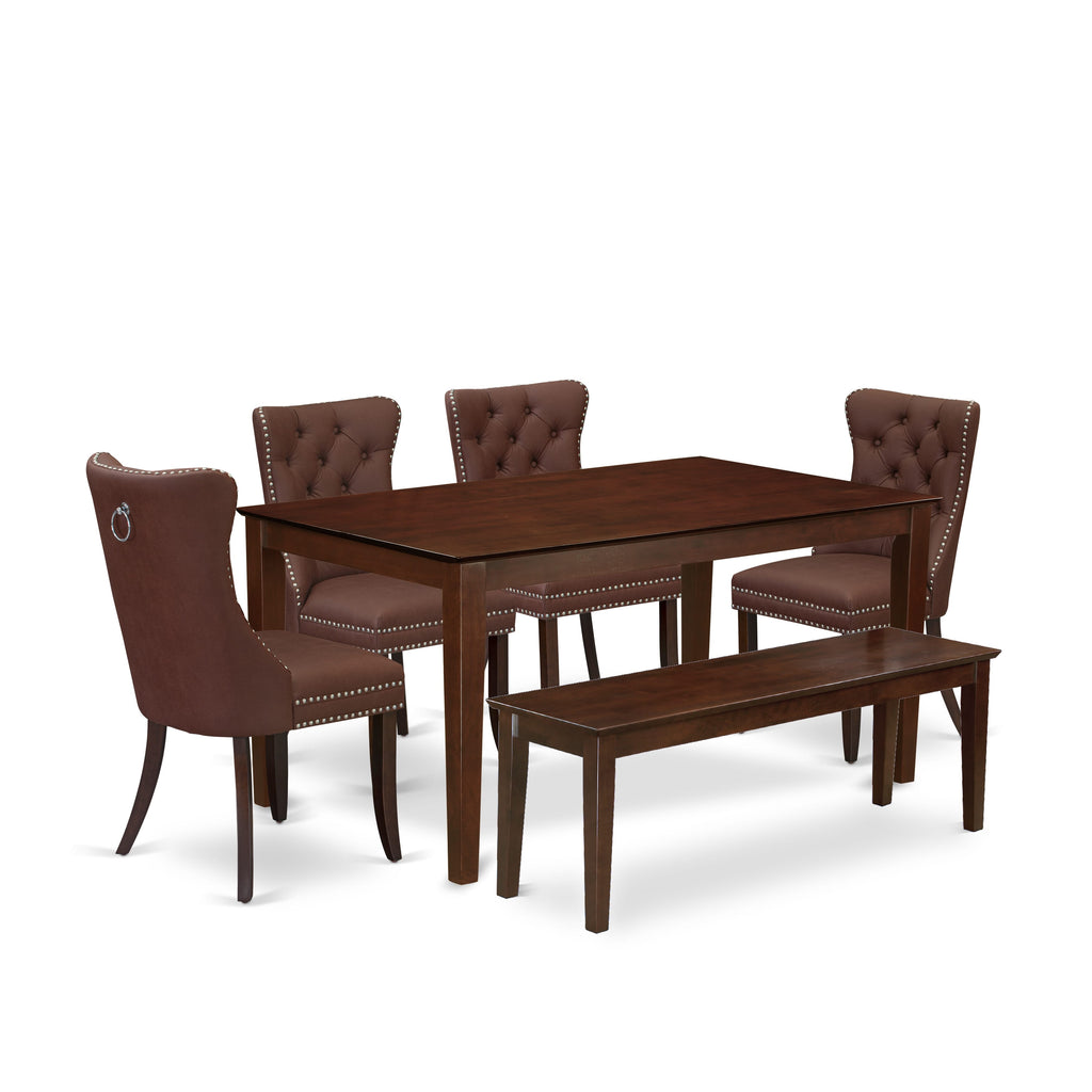 East West Furniture CADA6-MAH-26 6 Piece Dining Room Set Consists of a Rectangle Solid Wood Table and 4 Upholstered Chairs with a Bench, 36x60 Inch, Mahogany