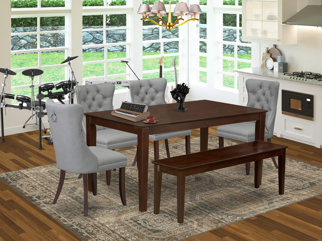 East West Furniture CADA6-MAH-27 6 Piece Dining Set Consists of a Rectangle Kitchen Table and 4 Upholstered Chairs with a Bench, 36x60 Inch, Mahogany