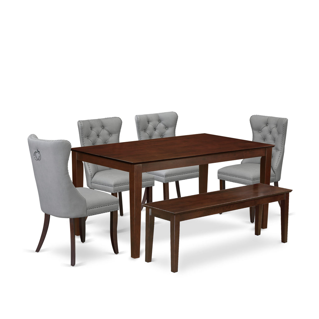 East West Furniture CADA6-MAH-27 6 Piece Dining Set Consists of a Rectangle Kitchen Table and 4 Upholstered Chairs with a Bench, 36x60 Inch, Mahogany