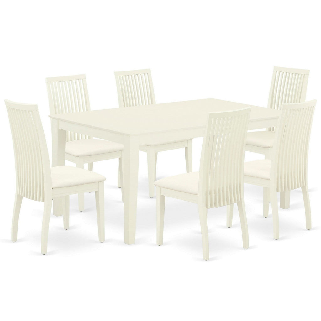 East West Furniture CAIP7-LWH-C 7 Piece Kitchen Table & Chairs Set Consist of a Rectangle Dining Room Table and 6 Linen Fabric Upholstered Dining Chairs, 36x60 Inch, Linen White