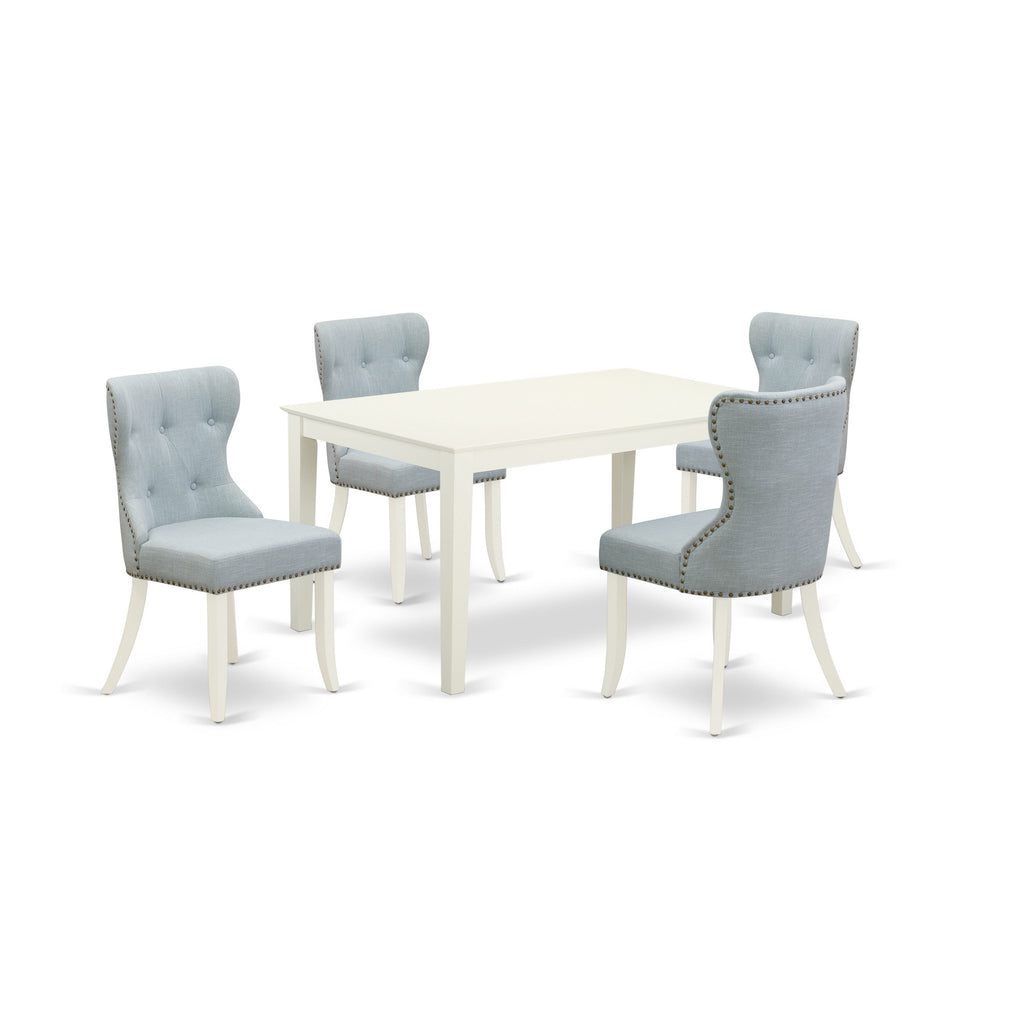 East West Furniture CASI5-LWH-15 5 Piece Kitchen Table & Chairs Set Includes a Rectangle Dining Room Table and 4 Baby Blue Linen Fabric Parsons Dining Chairs, 36x60 Inch, Linen White