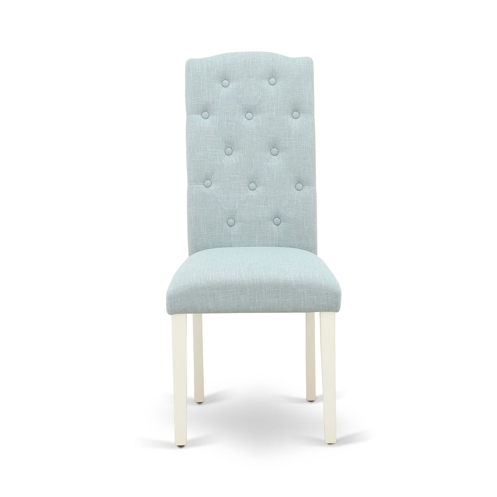 East West Furniture X077CE215-6 6-Pc kitchen dining room set- 4 Upholstered Dining Chairs with Baby Blue Linen Fabric Seat and Button Tufted Chair Back