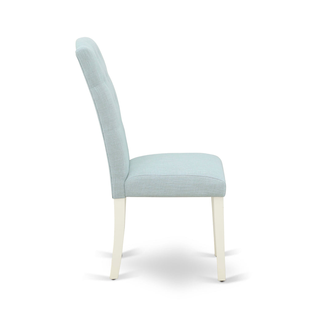 East West Furniture X077CE215-6 6-Pc kitchen dining room set- 4 Upholstered Dining Chairs with Baby Blue Linen Fabric Seat and Button Tufted Chair Back