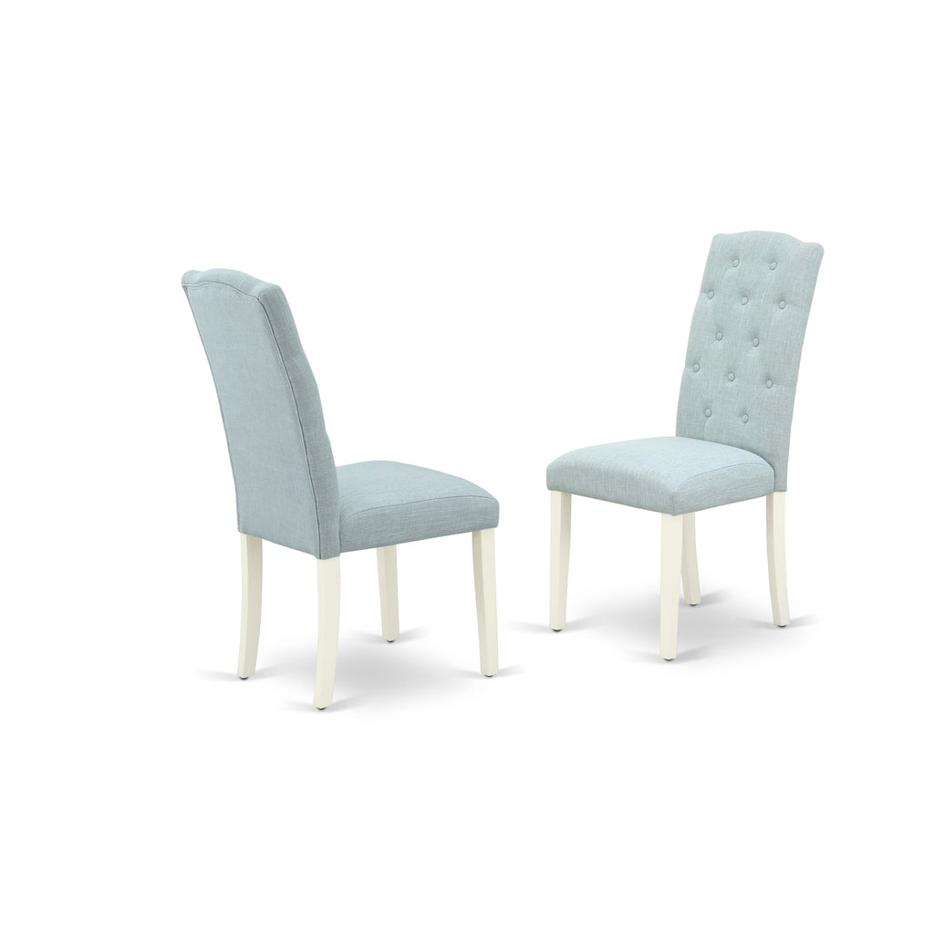 East West Furniture X077CE215-6 6-Pc kitchen dining room set- 4 Upholstered Dining Chairs with Baby Blue Linen Fabric Seat and Button Tufted Chair Back