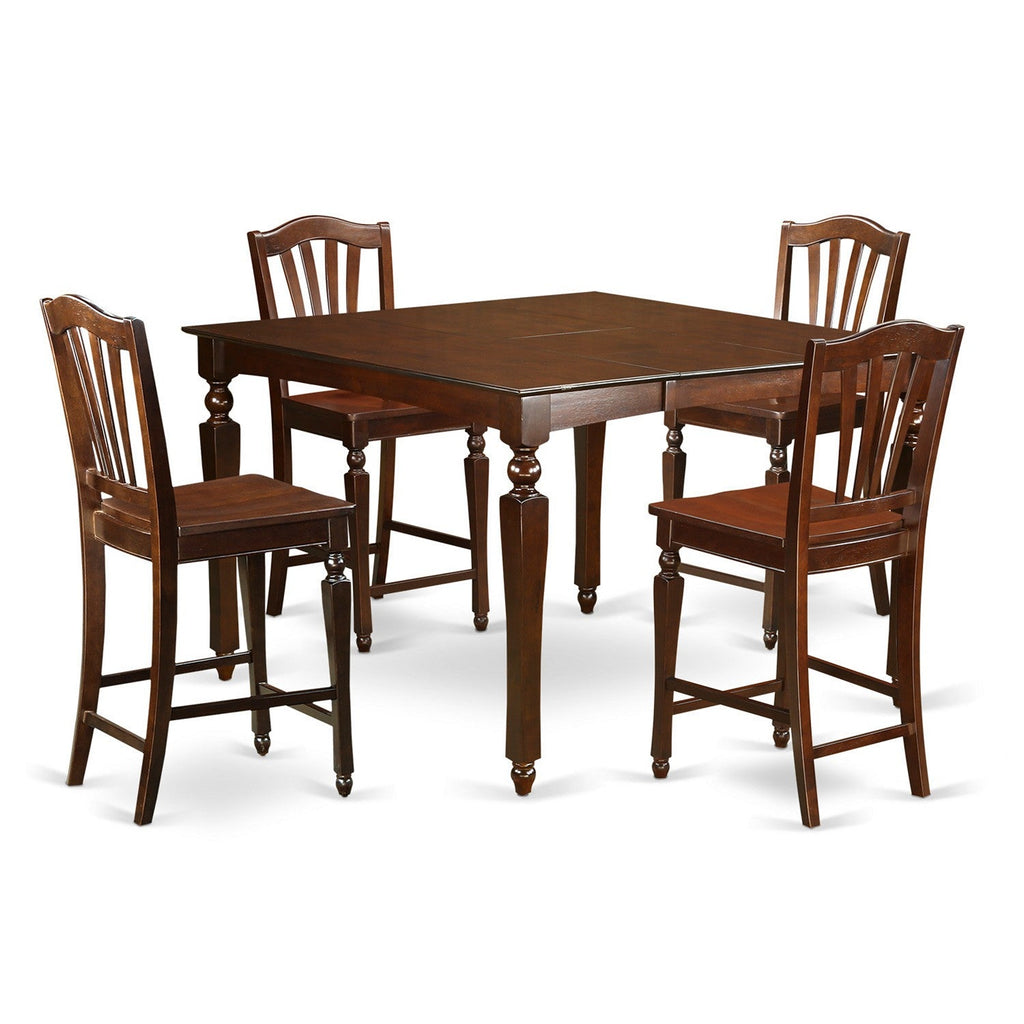 East West Furniture CHEL5-MAH-W 5 Piece Counter Height Pub Set Includes a Square Dining Table with Butterfly Leaf and 4 Dining Room Chairs, 54x54 Inch, Mahogany