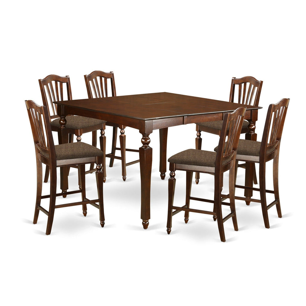 East West Furniture CHEL7-MAH-C 7 Piece Counter Height Dining Set  Consist of a Square Dining Room Table with Butterfly Leaf and 6 Linen Fabric Upholstered Chairs, 54x54 Inch, Mahogany