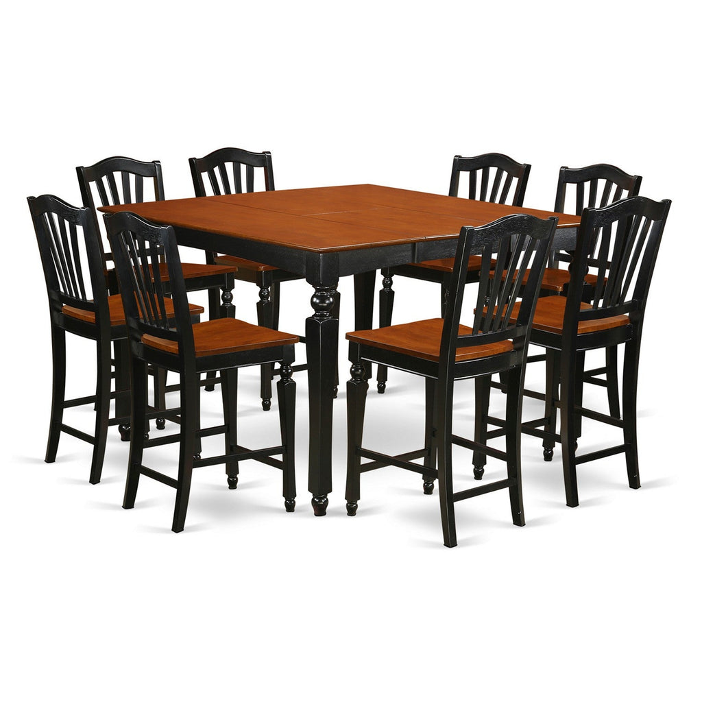 East West Furniture CHEL9-BLK-W 9 Piece Kitchen Counter Height Dining Table Set  Includes a Square Wooden Table with Butterfly Leaf and 8 Dining Chairs, 54x54 Inch, Black & Cherry