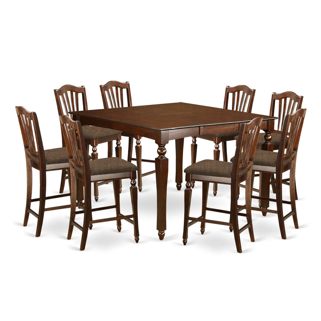 East West Furniture CHEL9-MAH-C 9 Piece Counter Height Pub Set Includes a Square Dining Table with Butterfly Leaf and 8 Linen Fabric Upholstered Kitchen Chairs, 54x54 Inch, Mahogany