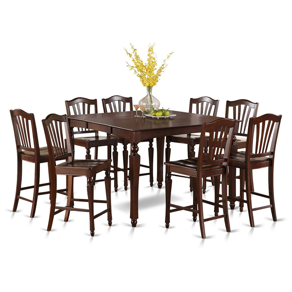 East West Furniture CHEL9-MAH-W 9 Piece Counter Height Dining Table Set Includes a Square Kitchen Table with Butterfly Leaf and 8 Dining Chairs, 54x54 Inch, Mahogany