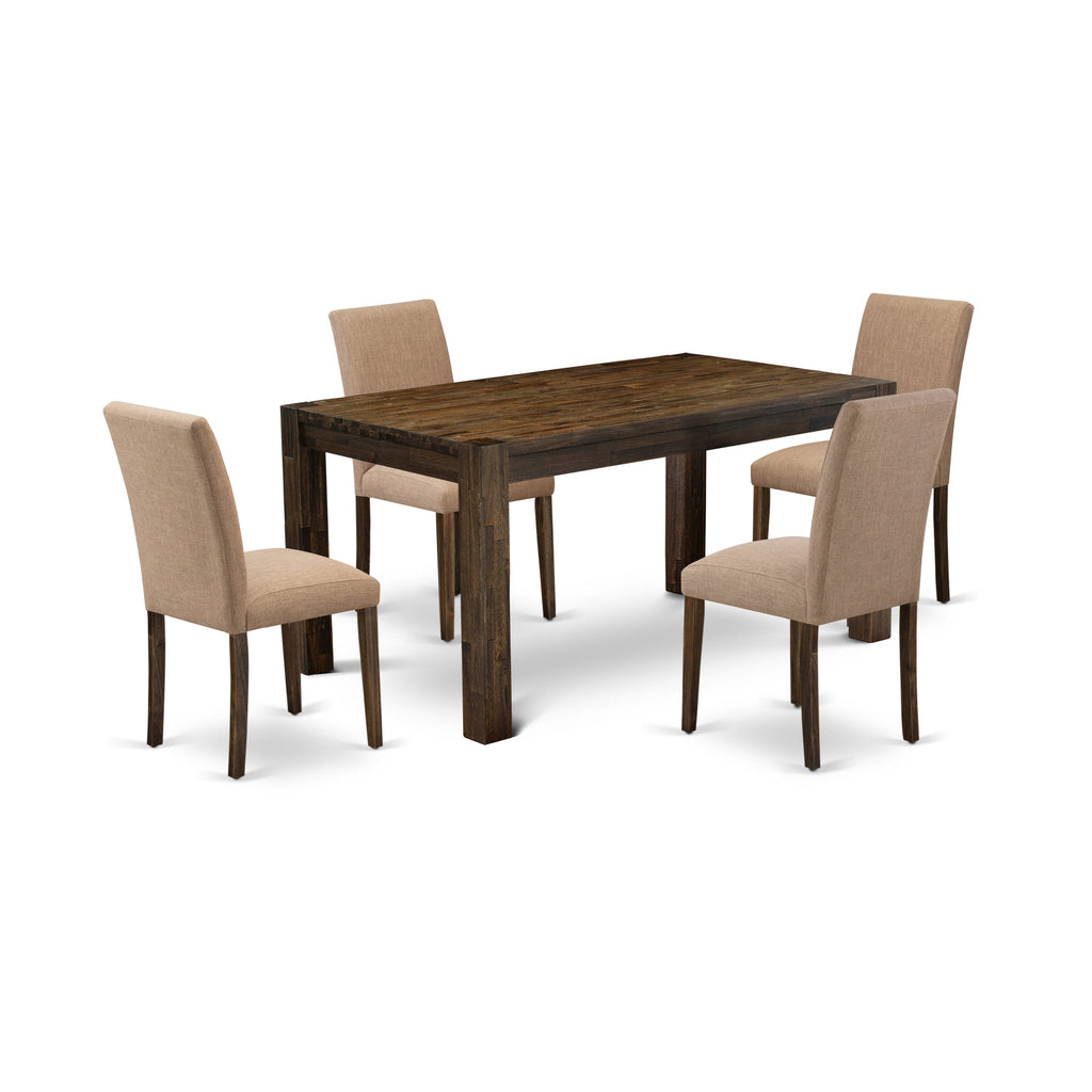 East West Furniture CNAB5-77-47 5 Piece Dining Table Set Includes a Rectangle Rustic Wood Dining Room Table and 4 Light Sable Linen Fabric Parsons Chairs, 36x60 Inch, Jacobean