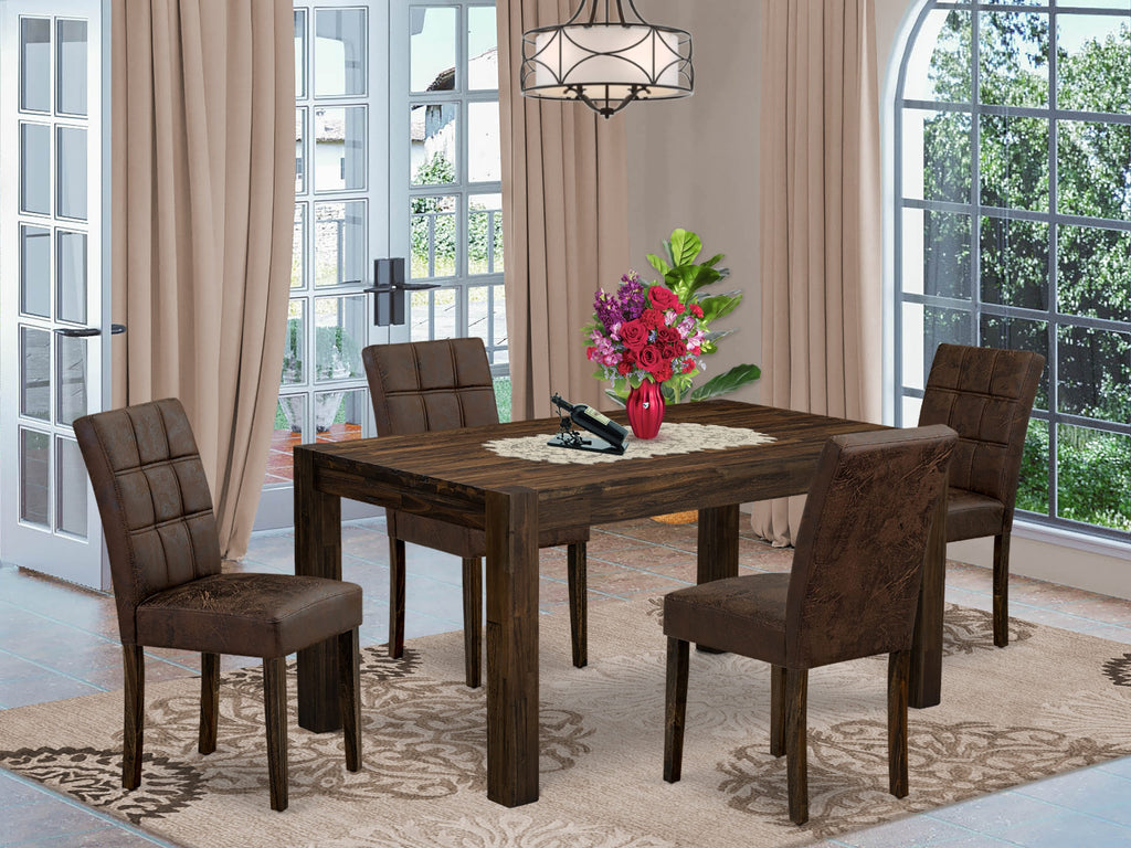 East West Furniture CNAS5-07-T25 5 Piece Dinner Table Set consists A Kitchen Table and 4 Black Textured 
Faux Leather Dinner Chairs, Distressed Jacobean