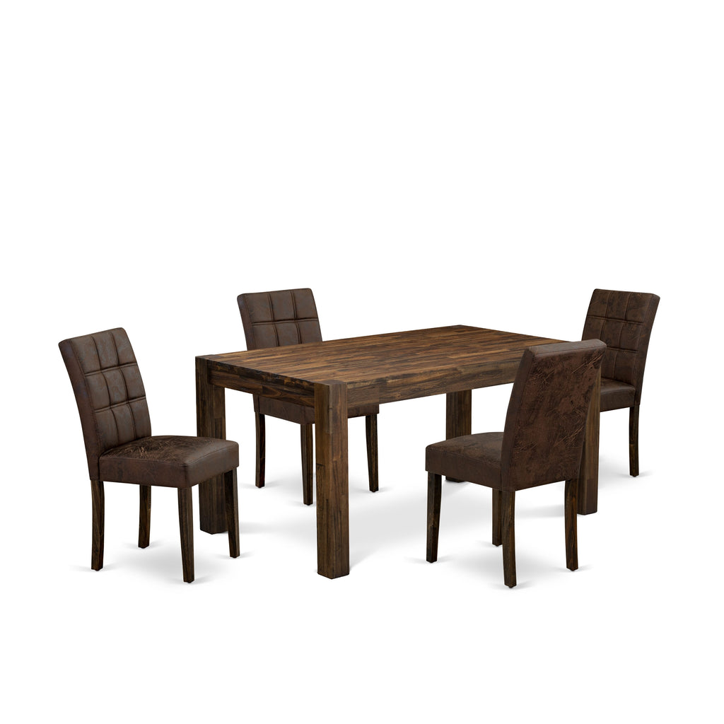 East West Furniture CNAS5-07-T25 5 Piece Dinner Table Set consists A Kitchen Table and 4 Black Textured 
Faux Leather Dinner Chairs, Distressed Jacobean