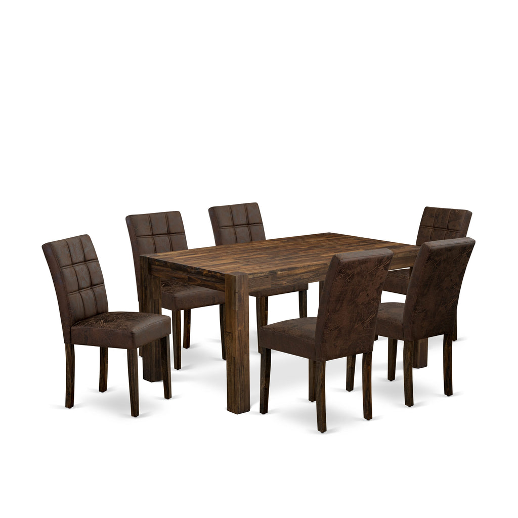 East West Furniture CNAS7-07-T25 7 Piece Dining Table Set contain A Dinning Table and 6 Black Textured 
Faux Leather Mid Century Modern Dining Chairs, Distressed Jacobean