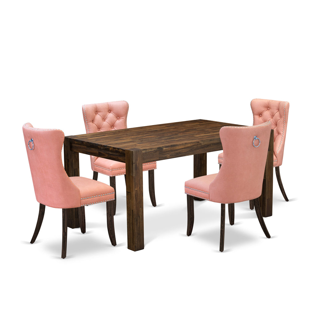 East West Furniture CNDA5-07-T23 5 Piece Dining Table Set Includes a Rectangle Rustic Wood Kitchen Table and 4 Upholstered Chairs, 36x60 Inch, Distressed Jacobean