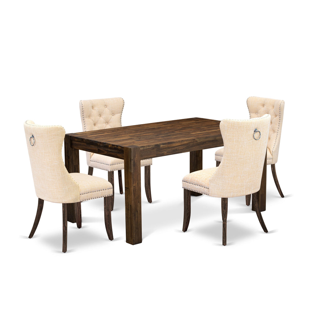 East West Furniture CNDA5-07-T32 5 Piece Kitchen Table Set Includes a Rectangle Rustic Wood Dining Table and 4 Upholstered Chairs, 36x60 Inch, Distressed Jacobean