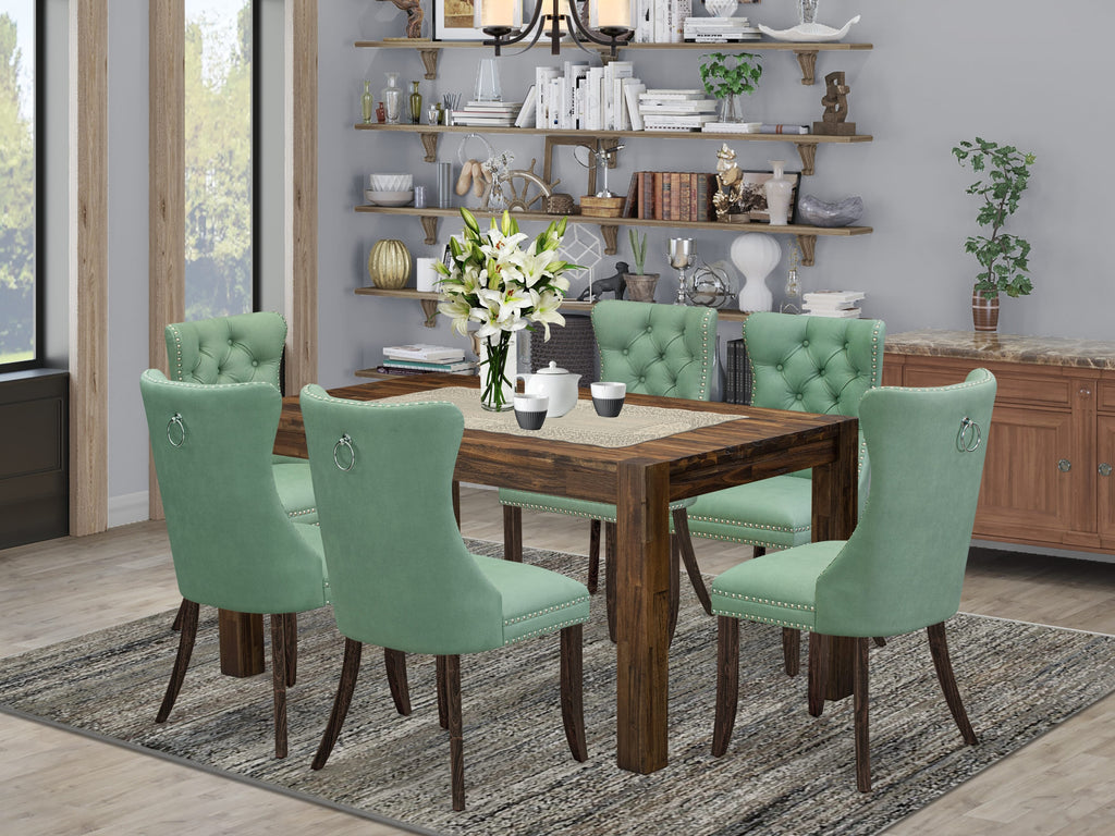 East West Furniture CNDA7-07-T22 7 Piece Dining Table Set Includes a Rectangle Rustic Wood Kitchen Table and 6 Upholstered Chairs, 36x60 Inch, Distressed Jacobean