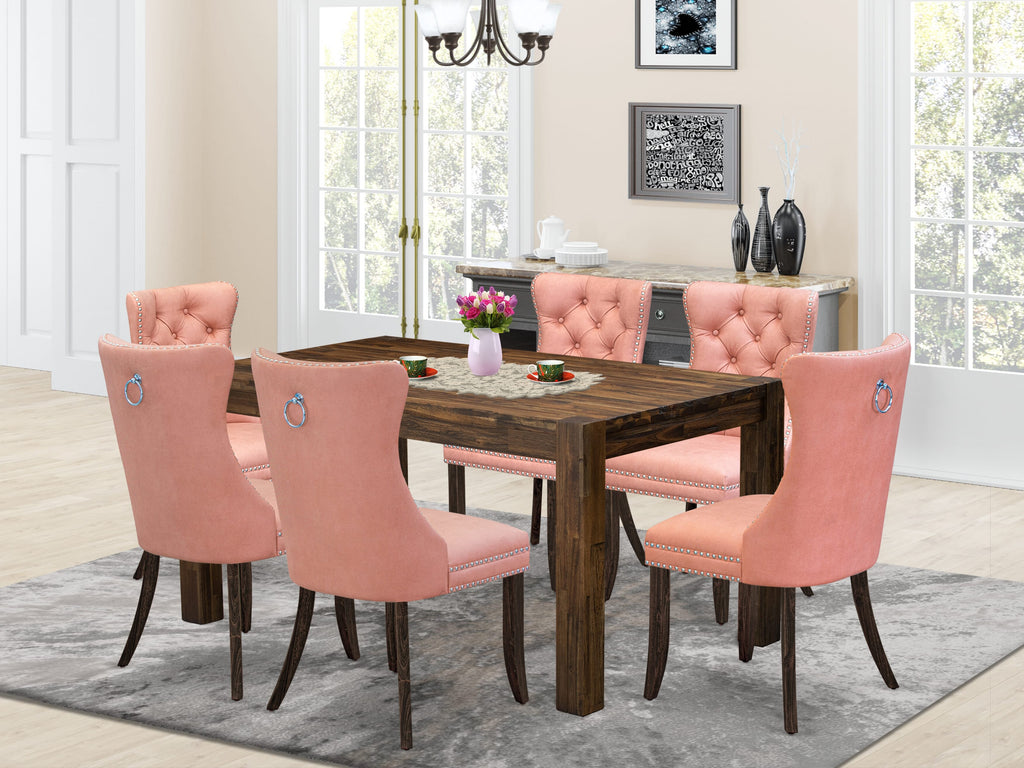 East West Furniture CNDA7-07-T23 7 Piece Dining Table Set Contains a Rectangle Rustic Wood Kitchen Table and 6 Upholstered Chairs, 36x60 Inch, Distressed Jacobean