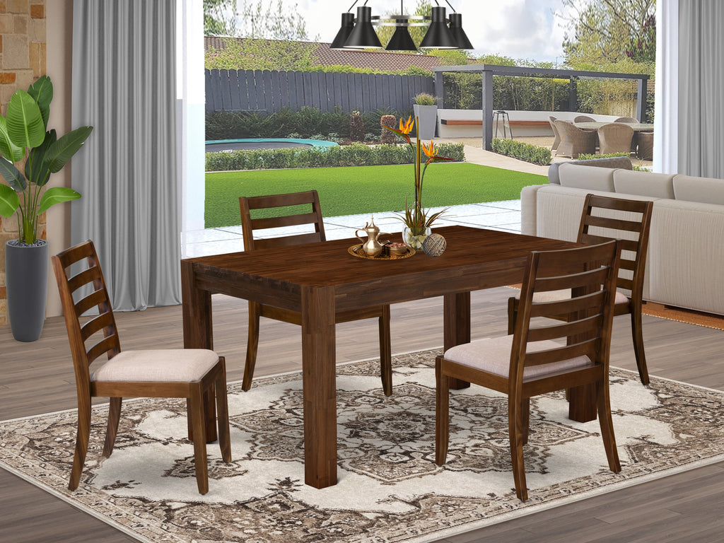 East West Furniture CNX15-0N-04 5-piece Dining Room Table Set Includes a Rectangular Kitchen Table and 4 Light Tan Linen Fabric stackable Dining Chair, Antique Walnut Finish.