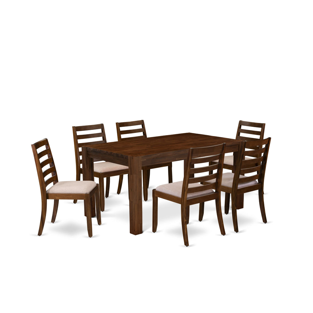 East West Furniture CNX17-0N-04 7-piece Dining Table Set consists of a Rectangular Kitchen Table and 6 Light Tan Linen Fabric stackable Dining Chair, Antique Walnut Finish.