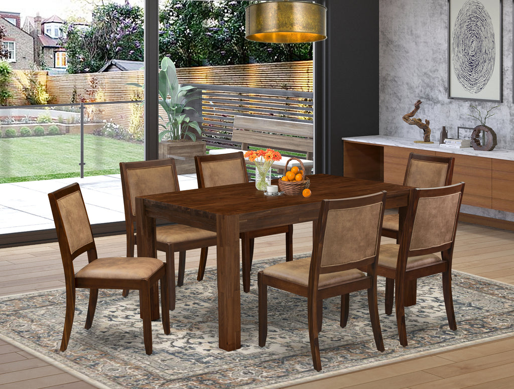 East West Furniture CNX27-0N-28 7-piece kitchen Table Set consists of a Rectangular Kitchen Table and 6 Brown Texture Faux Leather stackable Dining Chair, Antique Walnut Finish.