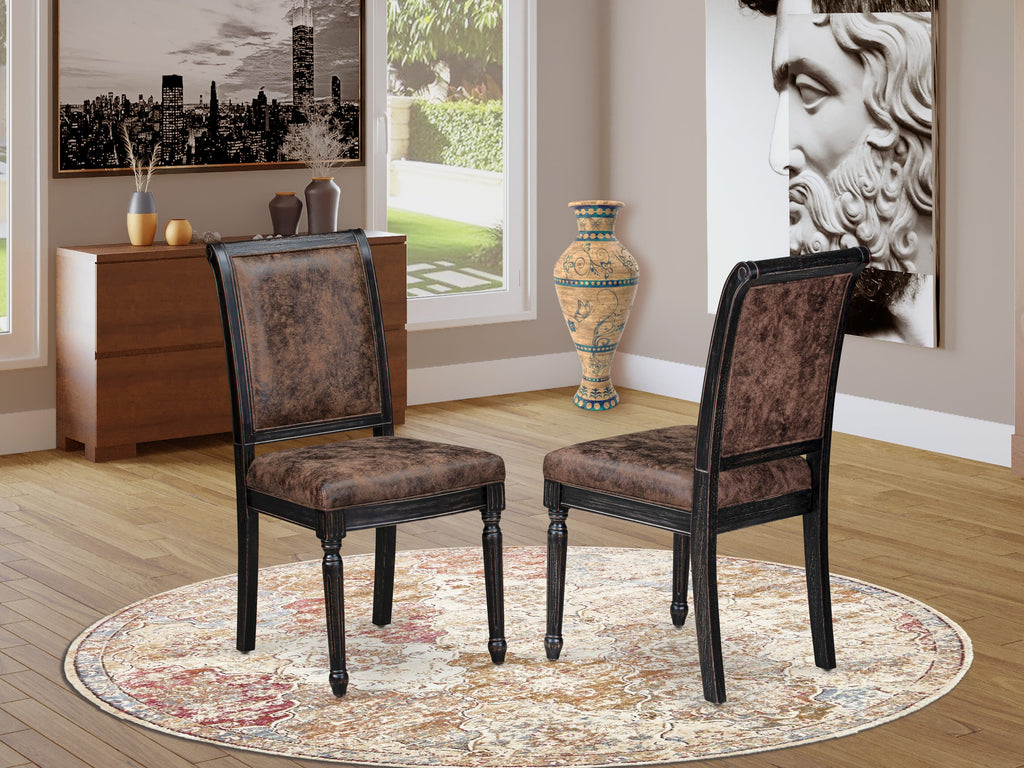 Luxe by East West Furniture NKCY7-SBB-33 7-piece Modern Dining Table Set consists of a Dining Table and 6 Brown Textured PU Leather Dining Room Chairs with High Back - Sand Blasting Black Finish