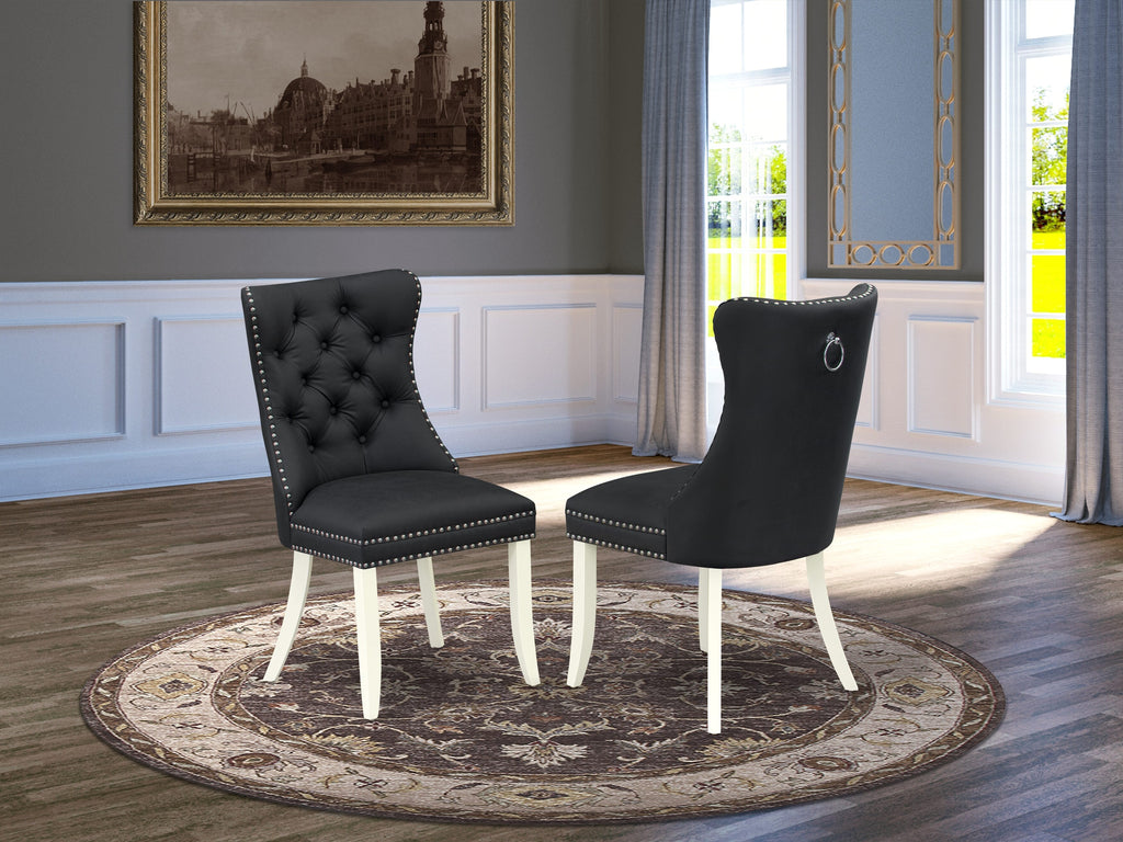 East West Furniture DAP2F12 Dallas Parson Dining Chairs - Button Tufted Nailhead Trim Dark Gray faux Leather Upholstered Chairs, Set of 2, linen white