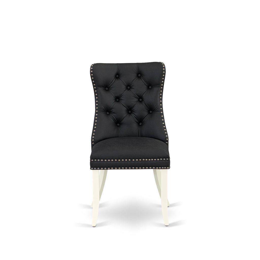 East West Furniture DAP2F12 Dallas Parson Dining Chairs - Button Tufted Nailhead Trim Dark Gray faux Leather Upholstered Chairs, Set of 2, linen white