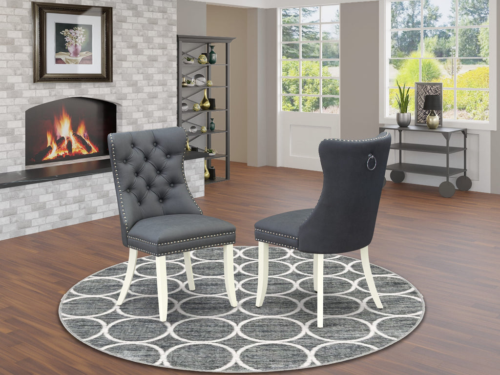 East West Furniture DAP2F13 Dallas Parson Kitchen Chairs - Button Tufted Nailhead Trim Platinum Gray faux Leather Upholstered Dining Chairs, Set of 2, linen white