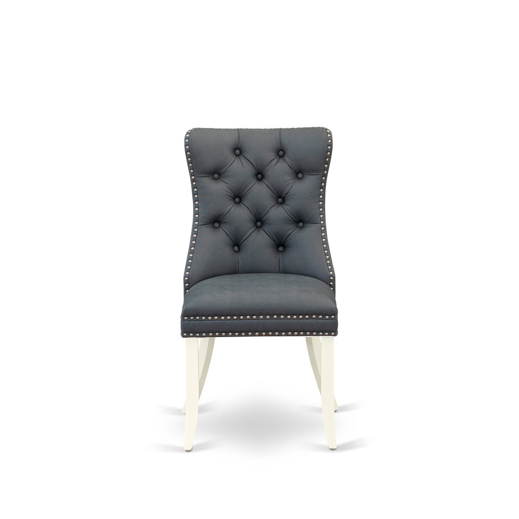 East West Furniture DAP2F13 Dallas Parson Kitchen Chairs - Button Tufted Nailhead Trim Platinum Gray faux Leather Upholstered Dining Chairs, Set of 2, linen white