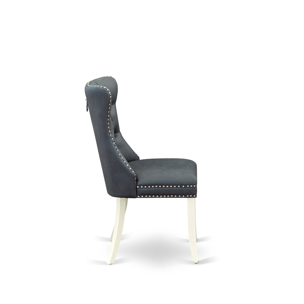 East West Furniture DAP2F13 Dallas Parson Kitchen Chairs - Button Tufted Nailhead Trim Platinum Gray faux Leather Upholstered Dining Chairs, Set of 2, linen white