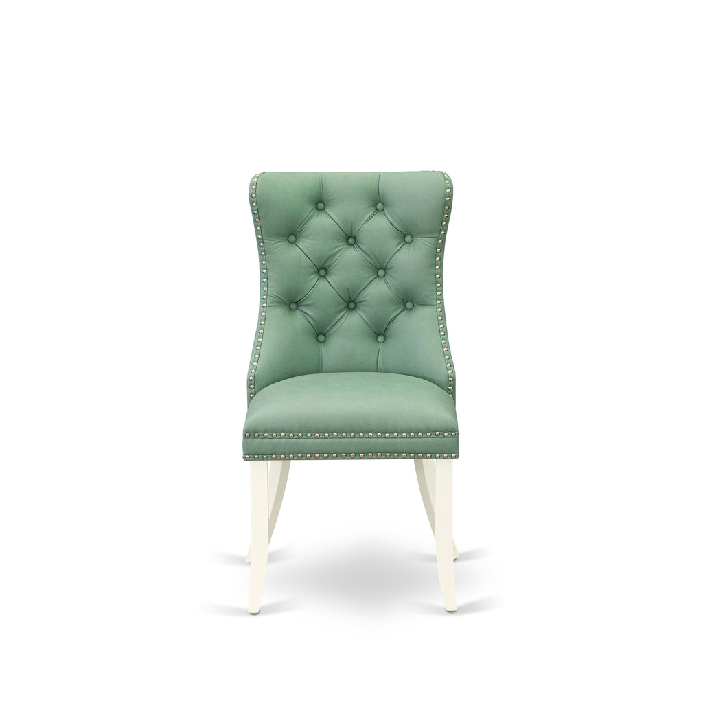 East West Furniture DAP2F22 Dallas Parson Kitchen Chairs - Button Tufted Nailhead Trim Willow Green faux Leather Upholstered Dining Chairs, Set of 2, linen white