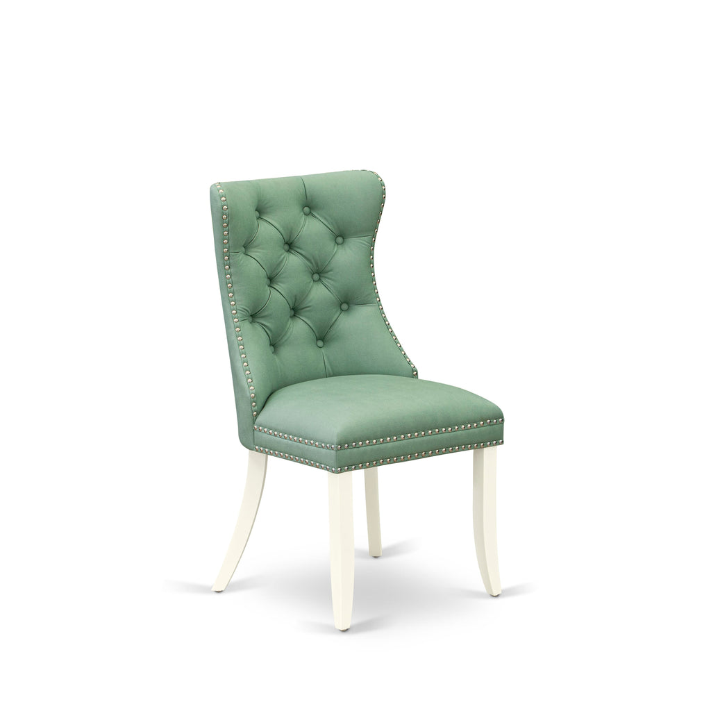 East West Furniture DAP2F22 Dallas Parson Kitchen Chairs - Button Tufted Nailhead Trim Willow Green faux Leather Upholstered Dining Chairs, Set of 2, linen white