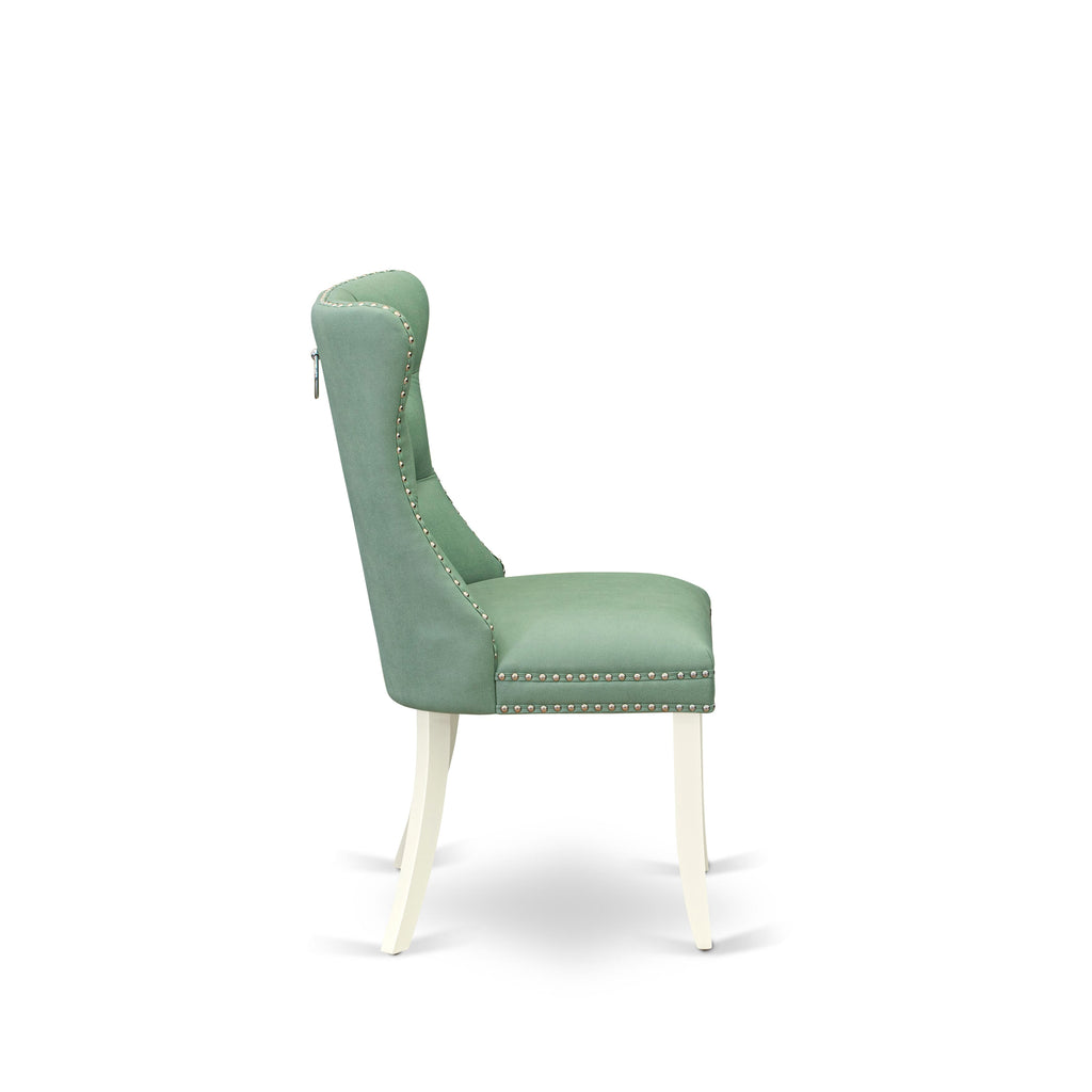 East West Furniture DAP2F22 Dallas Parson Kitchen Chairs - Button Tufted Nailhead Trim Willow Green faux Leather Upholstered Dining Chairs, Set of 2, linen white