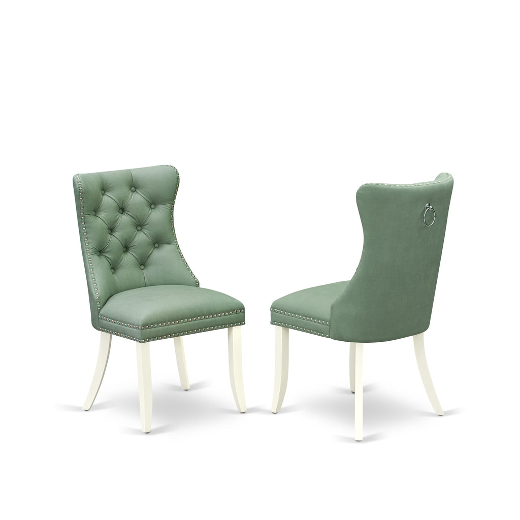 East West Furniture DAP2F22 Dallas Parson Kitchen Chairs - Button Tufted Nailhead Trim Willow Green faux Leather Upholstered Dining Chairs, Set of 2, linen white
