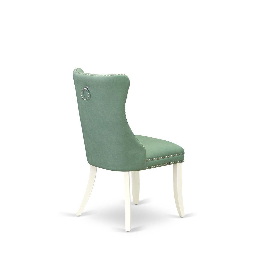 East West Furniture DAP2F22 Dallas Parson Kitchen Chairs - Button Tufted Nailhead Trim Willow Green faux Leather Upholstered Dining Chairs, Set of 2, linen white